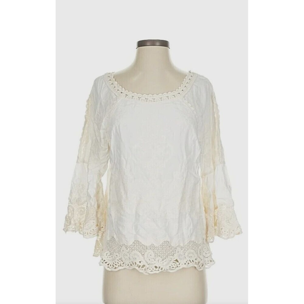 Democracy Womens Size M Cream Lace Boho Peasant Blouse Cold Shoulder Top 1147R4